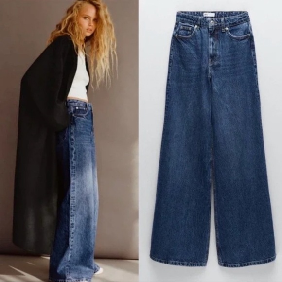 Zara Super Wide Leg Jeans Blue Dark Wash High Rise Ankle Length Denim Size 4 - Picture 2 of 9
